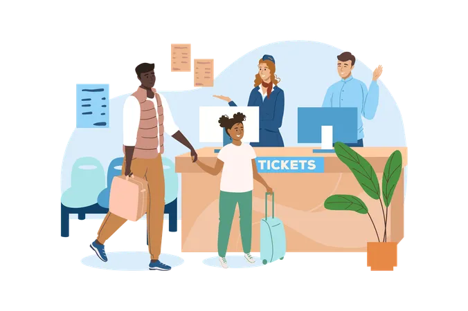 Airport Blue Concept With People Scene In The Flat Cartoon Style Father And Daughter Buy Plane Tickets To Travel Vector Illustration Illustration
