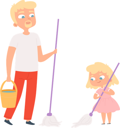 Father and daughter cleaning floor together Illustration
