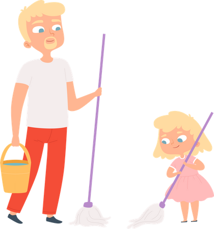 Father and daughter cleaning floor together  일러스트레이션