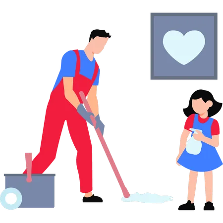 A Boy And A Child Are Cleaning The House Illustration