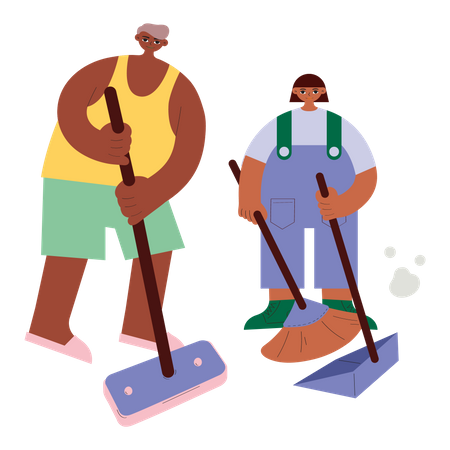 Father and daughter cleaning together  イラスト