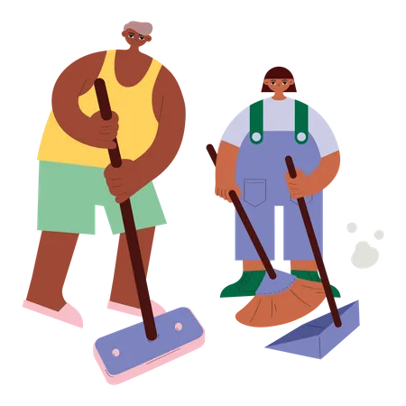 Father And Daughter Cleaning Together Vector Illustration In Flat Color Design Illustration