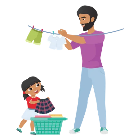 Father and daughter clothes hanging on rope  Illustration