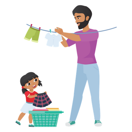 Father and daughter clothes hanging on rope  일러스트레이션