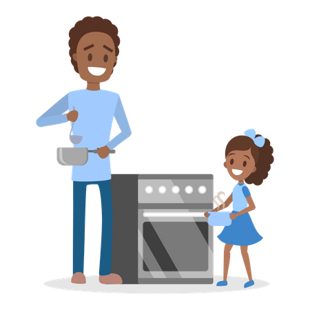 Father and daughter cooking dinner Illustration