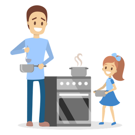 Father and daughter cooking dinner or lunch at home  Illustration