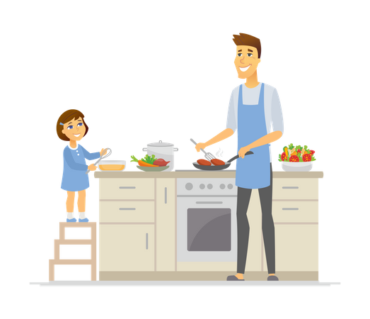 Father and daughter cooking in the kitchen  Illustration