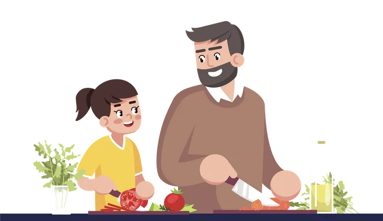 Father And Daughter Cooking Together Illustration