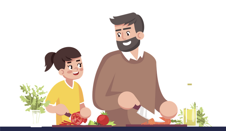 Father And Daughter Cooking Together  Illustration