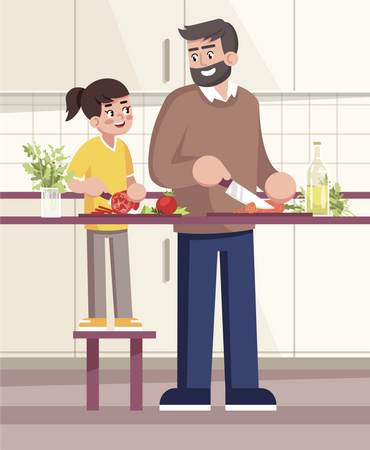 Father and daughter cooking together  일러스트레이션