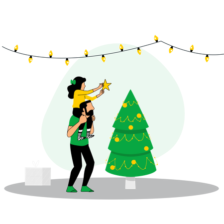 Father and daughter decorate christmas tree  일러스트레이션