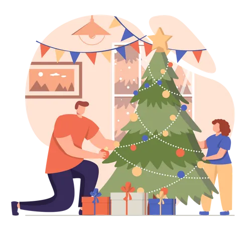 Father And Daughter Decorating Christmas Tree Illustration