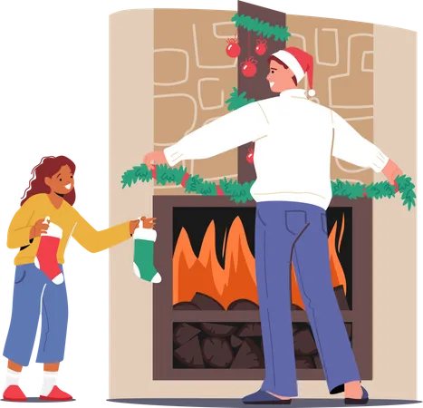 Father and daughter decorating home Illustration