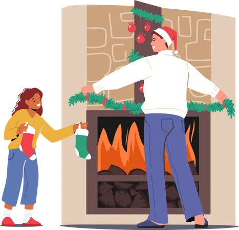 Father and daughter decorating home  Illustration