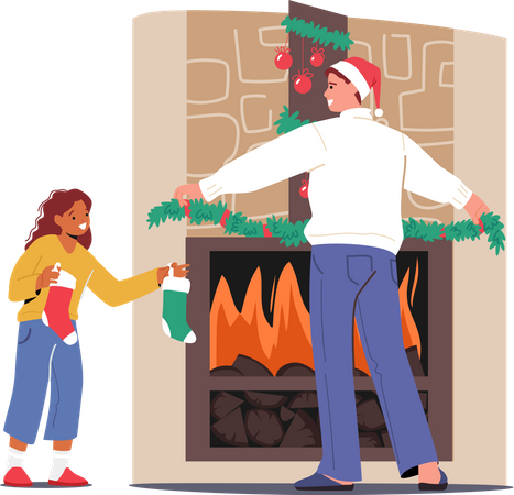 Father and daughter decorating home  일러스트레이션