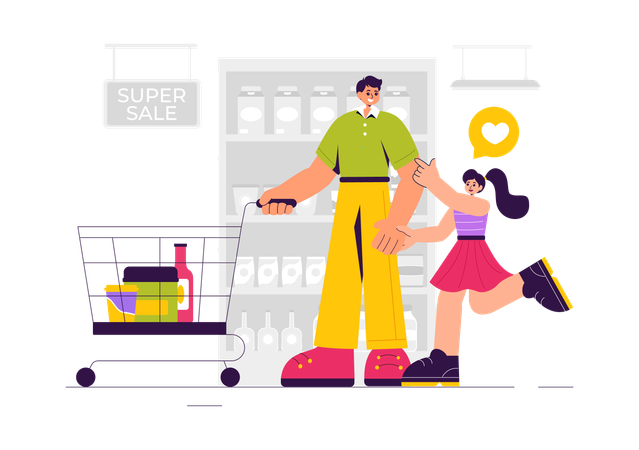 Father and daughter doing Grocery Shopping  Illustration