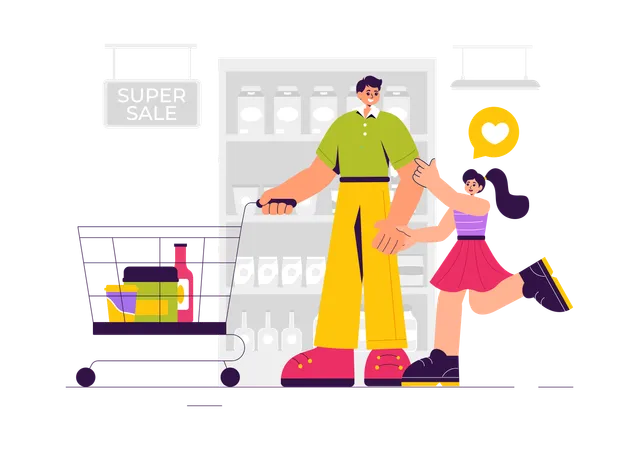 Father and daughter doing Grocery Shopping  Illustration