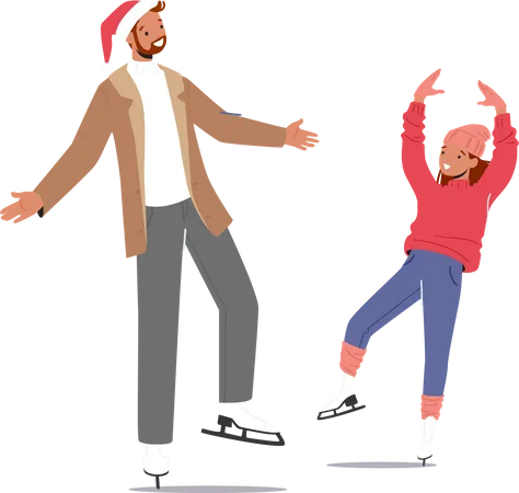 Father and daughter doing ice skating Illustration