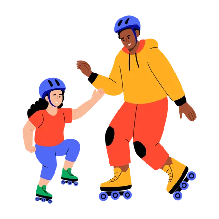 Father and daughter doing roller skating  Illustration