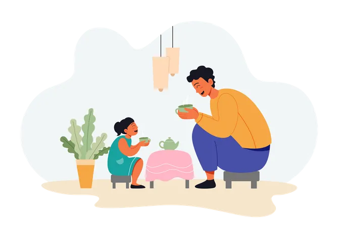 Father and daughter eating food on Fathers Day Illustration