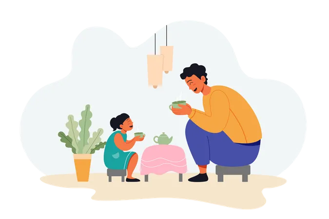 Father and daughter eating food on Fathers Day  Illustration