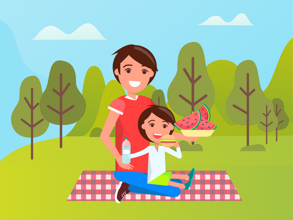 Father and daughter eating watermelon in park  Illustration