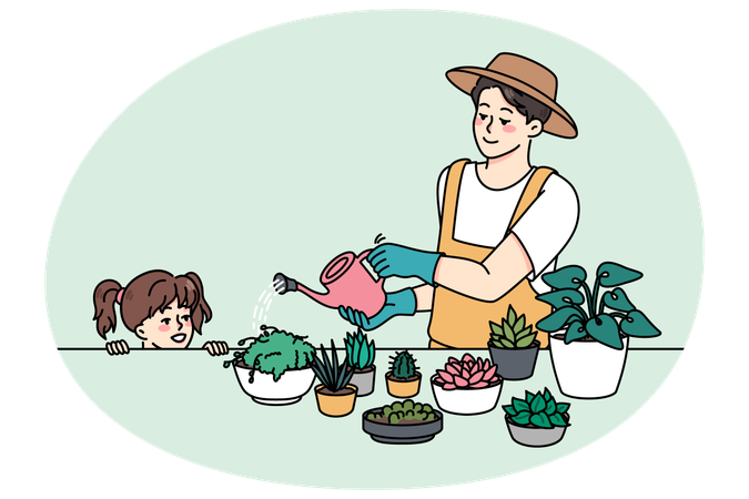 Father and daughter enjoy gardening together  Illustration