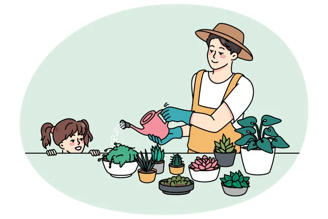 Father and daughter enjoy gardening together  Illustration