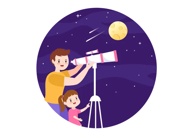 Astronomy Cartoon Illustration With People Watching Night Starry Sky Galaxy And Planets In Outer Space Through Telescope In Flat Hand Drawn Style イラスト