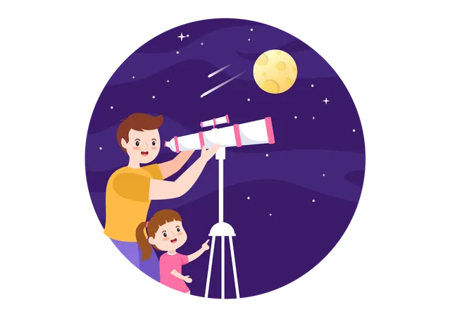 Father And Daughter Exploring Space  Illustration