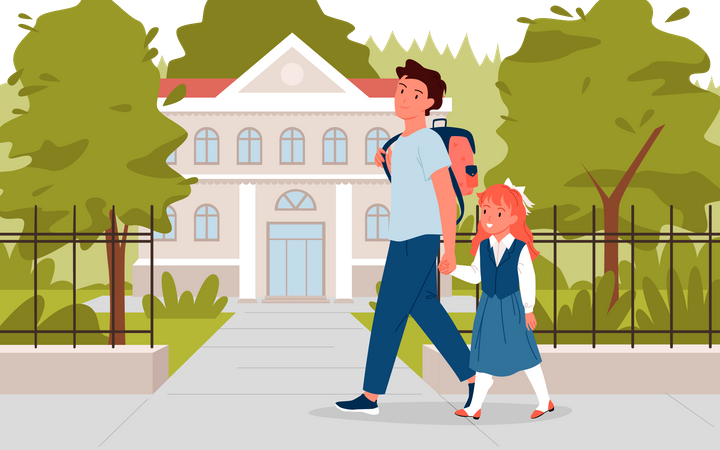 Father and daughter going to school  Illustration