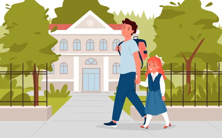 Father and daughter going to school  Illustration