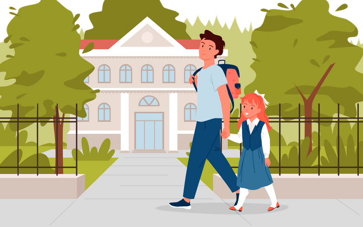 Father and daughter going to school  일러스트레이션