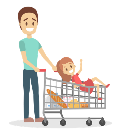 Father and daughter going with bags full of food  Illustration