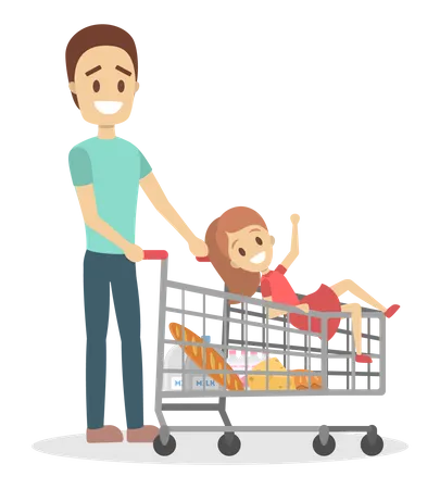 Father and daughter going with bags full of food  Illustration