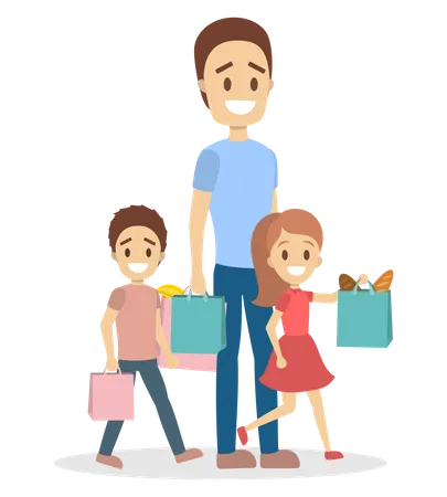 Father Son And Daughter Going With Bags Full Of Food Walking Home From Supermarket Idea Of Shopping Flat Vector Illustration Illustration