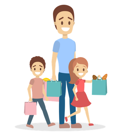 Father and daughter going with bags full of food  Illustration