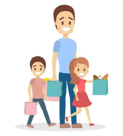 Father and daughter going with bags full of food  Illustration