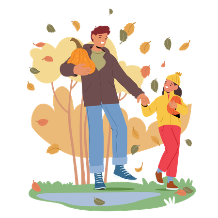 Father And Daughter Holding Pumpkins While Enjoying Walk In Autumn Park  Illustration