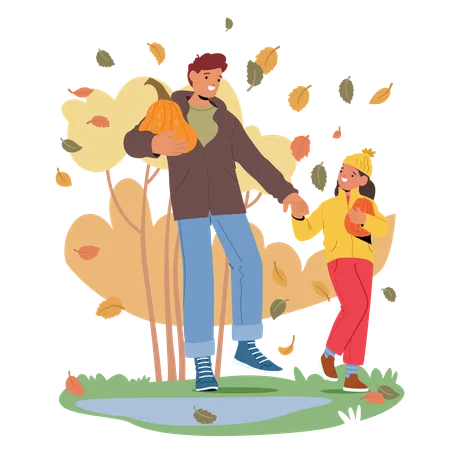 Father And Daughter Holding Pumpkins While Enjoying Walk In Autumn Park  Illustration