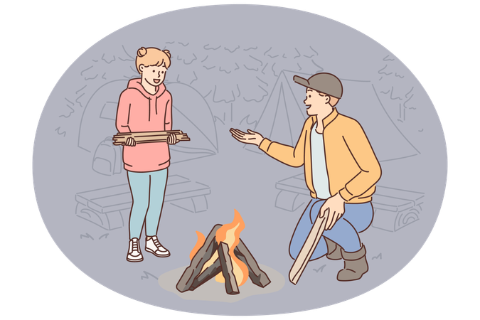 Father and daughter make fire together during family camping trip and enjoy trip to nature together  Illustration