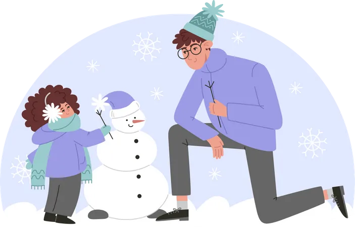 Father And Daughter Making A Snowman In A Flat Style Illustration