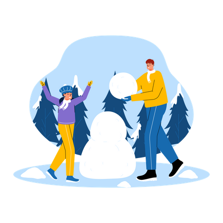 Father and daughter making snowman  Illustration