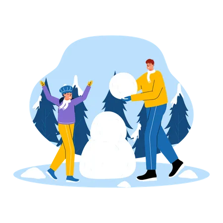 Father and daughter making snowman Illustration
