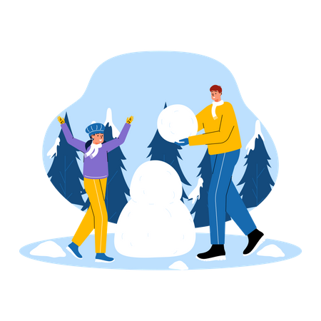 Father and daughter making snowman  일러스트레이션