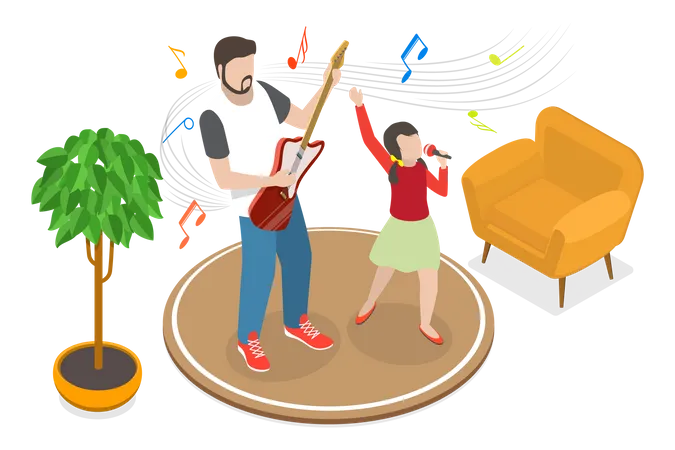 3 D Isometric Flat Vector Conceptual Illustration Of Family Concert Father And Son Playing Music And Singing Together Illustration