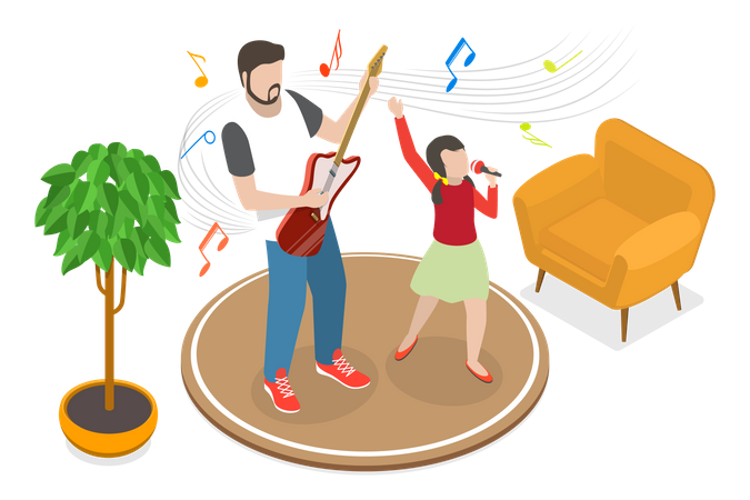 Father and daughter playing music and singing together  일러스트레이션