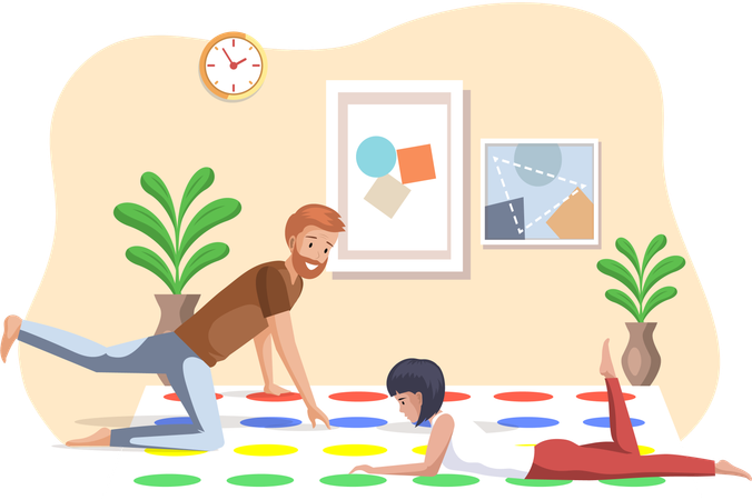 Father and daughter playing twister game  Illustration