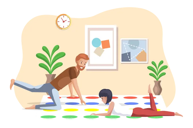 Father and daughter playing twister game  Illustration