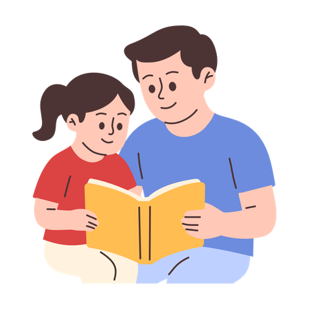 Father and Daughter Reading  Book Together  Illustration